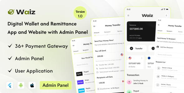 Waiz v2.0 – Digital Wallet and Remittance App and Website with Admin Panel插图 Waiz v2.0 – Digital Wallet and Remittance App and Website with Admin Panel插图